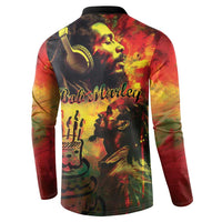 Button-front long-sleeve sweatshirt with 'Bob Marley' back graphic, black collar
