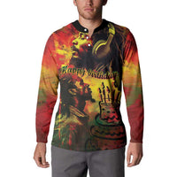 Button-front long-sleeve sweatshirt with 'Happy Birthday' portrait print, black collar