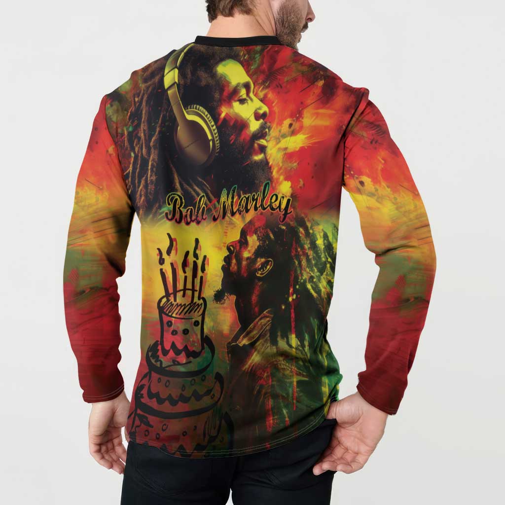 Button-front long-sleeve sweatshirt with back reggae portrait and cake graphic, black collar
