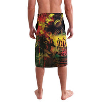 Men's knee-length lavalava shorts with elastic waistband, side view of reggae graphic