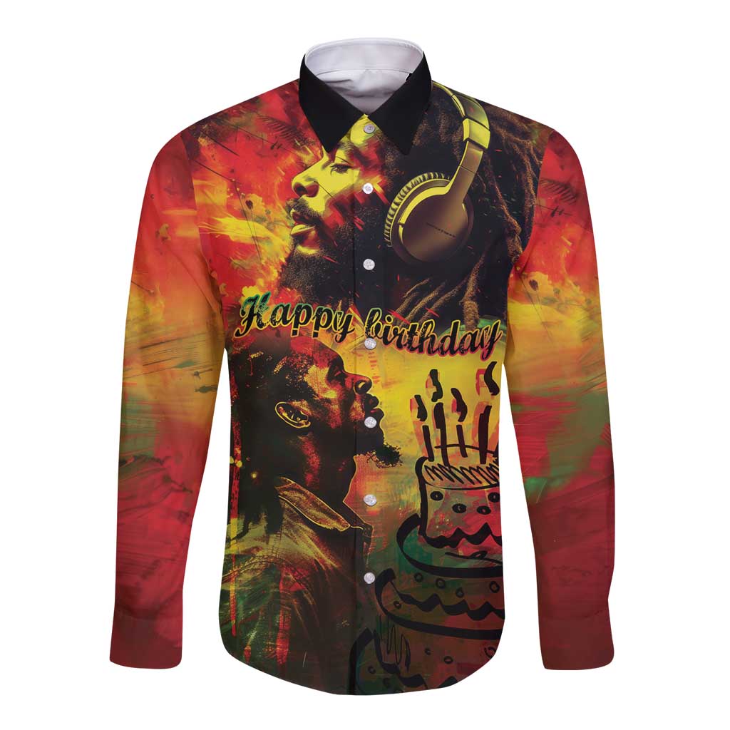 Unisex long-sleeve button shirt with black collar, multicolor reggae King graphic
