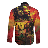 Unisex long-sleeve button shirt with black collar, multicolor reggae King back print