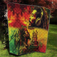 Reggae king portrait quilt with “Happy Birthday” text, wavy lines, and diamond quilting