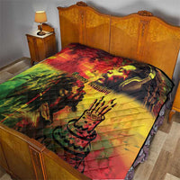 Reggae quilt on a bed, featuring king portrait, “Happy Birthday” script, and diamond quilting