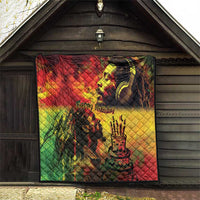 Reggae quilt displayed in a porch doorway with king portrait, “Happy Birthday,” and diamond quilting