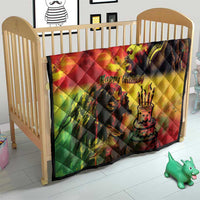 Reggae quilt for a crib with king portrait, “Happy Birthday” text, and diamond quilting