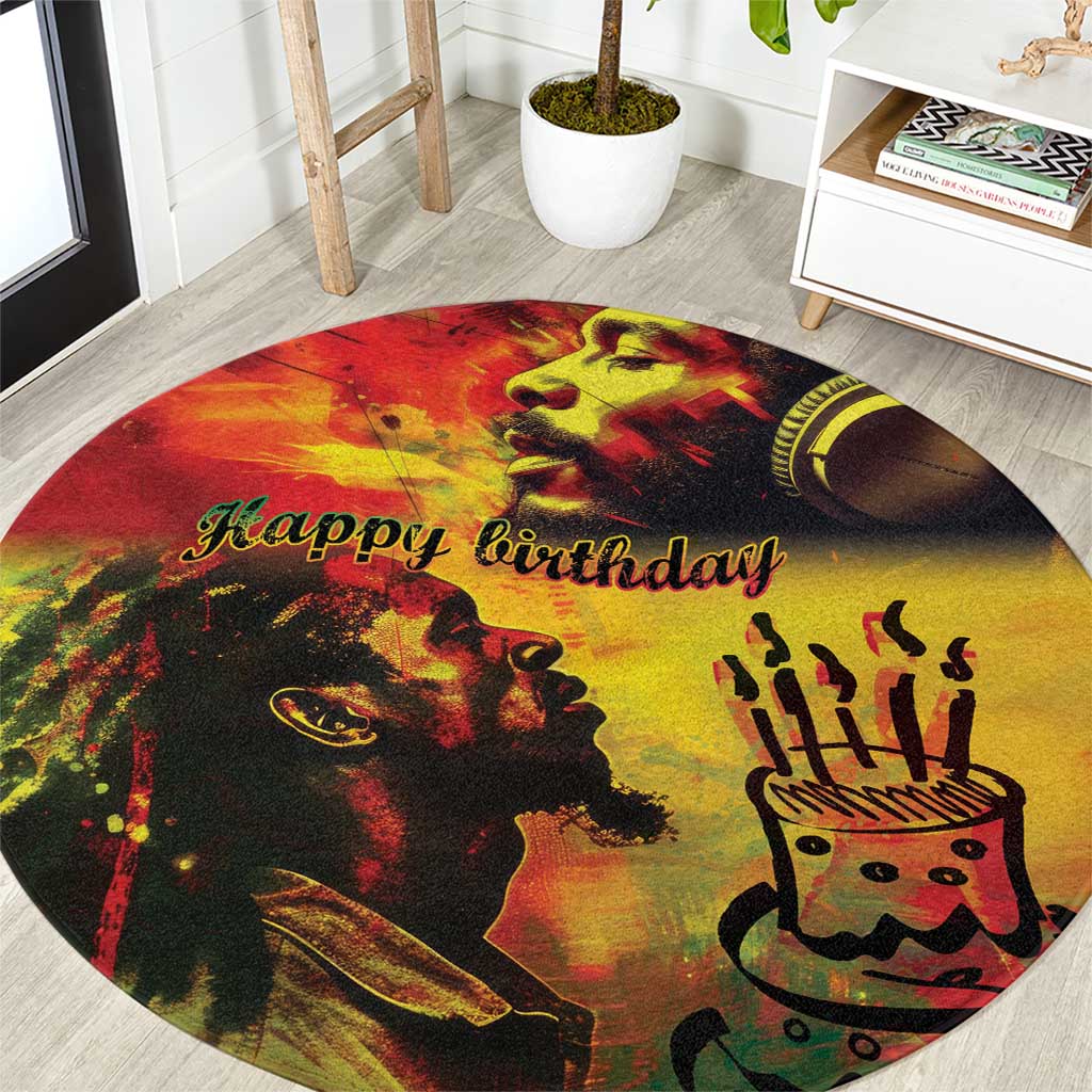 Round reggae birthday carpet, multicolor portrait and “Happy Birthday” text