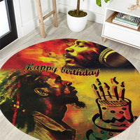 Round reggae birthday carpet, multicolor portrait and “Happy Birthday” text