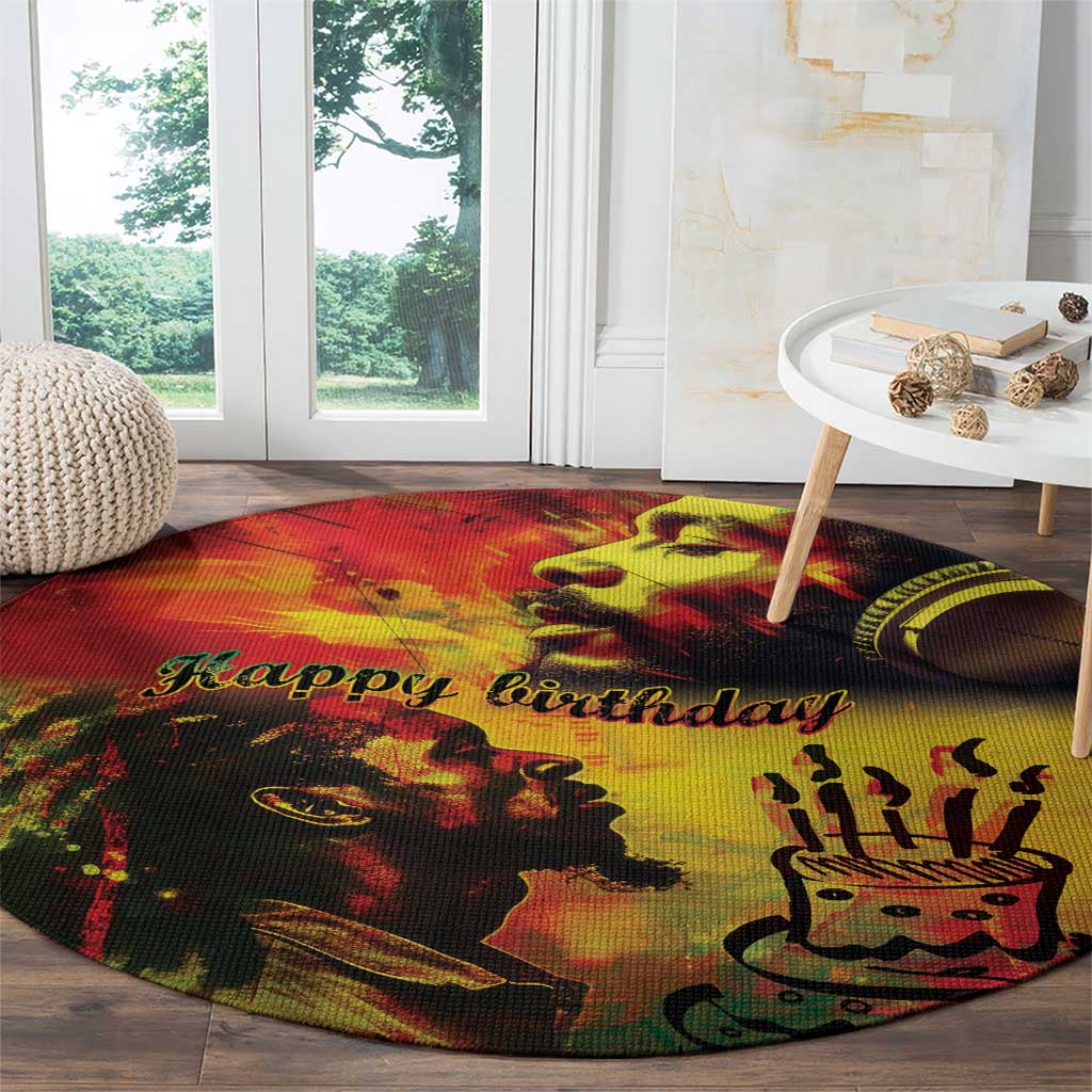 Round reggae birthday carpet with “Happy Birthday” text, lion face and crown design