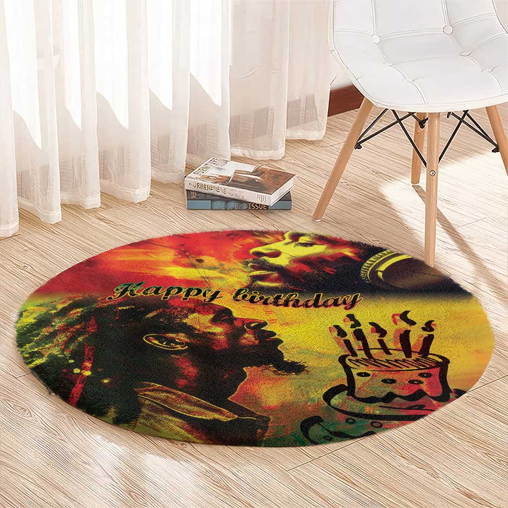Round reggae birthday rug on light wood floor, “Happy Birthday” portrait and crown