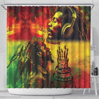 Reggae shower curtain showing “Happy birthday,” king silhouette profile and birthday cake