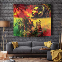 Colorful reggae birthday tapestry with portrait, 'Happy birthday' and cake with candles