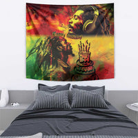 Reggae birthday wall tapestry with singer portrait, 'Happy birthday' text, and cake with candles