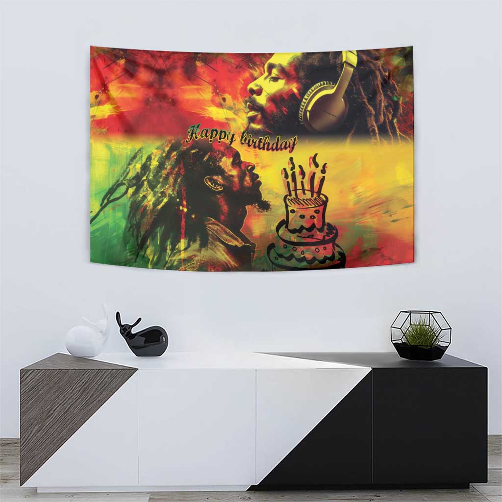 Reggae birthday tapestry featuring singer portrait, 'Happy birthday' text, and candle cake art