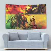 Reggae birthday tapestry with headphones portrait, 'Happy birthday' lettering, and tiered cake