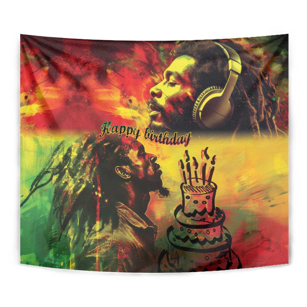 Close-up reggae birthday tapestry with headphones portrait, 'Happy birthday', and cake with candles