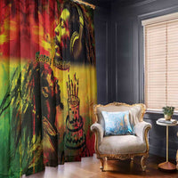 Happy Birthday window curtains with reggae singer and cake graphic, red, yellow, green on dark background
