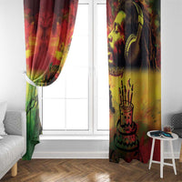 Happy Birthday reggae window curtains hanging at a white window, red yellow green with portrait artwork