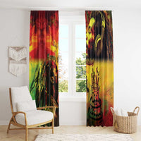 Window curtain panels with Happy Birthday message and reggae portrait, red yellow green multicolor print
