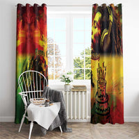 Reggae Happy Birthday curtain panels with singer portrait and cake graphic, dark red green yellow design