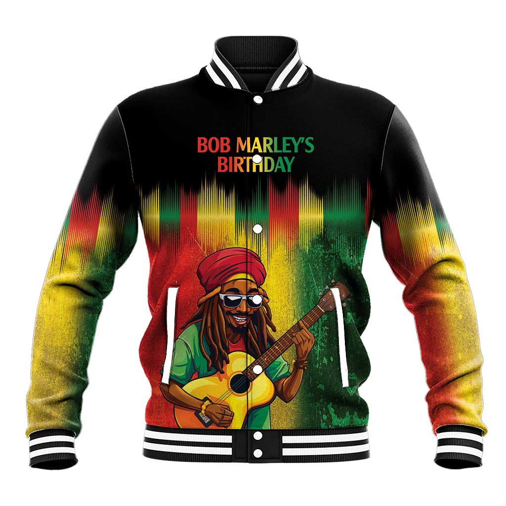 Black baseball jacket with reggae gradient sleeves, ribbed collar; 'BOB MARLEY'S BIRTHDAY' front print
