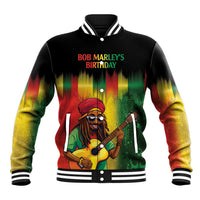Black baseball jacket with reggae gradient sleeves, ribbed collar; 'BOB MARLEY'S BIRTHDAY' front print