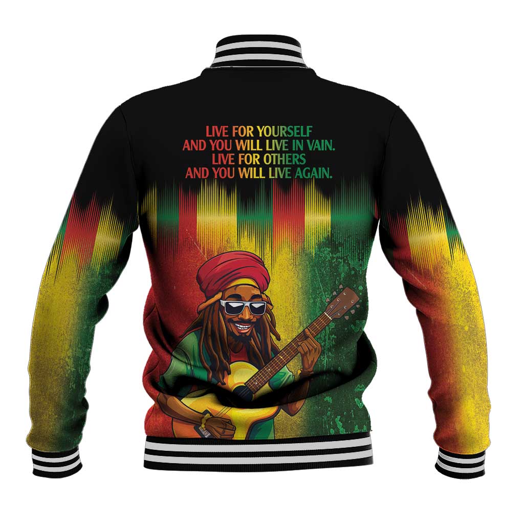 Black baseball jacket with reggae gradient; back illustration with guitar and 'LIVE FOR YOURSELF' text