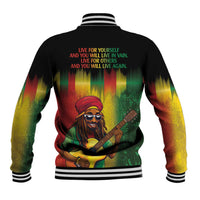 Black baseball jacket with reggae gradient; back illustration with guitar and 'LIVE FOR YOURSELF' text