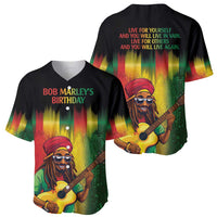 Two black baseball jerseys: one shows 'Bob Marley's Birthday' front, other has live-again back text.