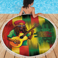 Round beach blanket with reggae guitarist graphic and white tassel fringe border