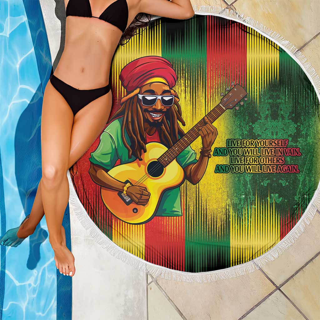 Round beach blanket with reggae guitarist graphic and white fringe border