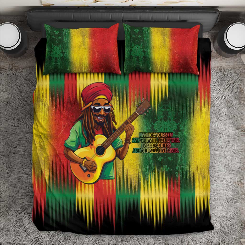 Reggae bedding set with red-yellow-green striped duvet, guitarist graphic, and 2 pillows