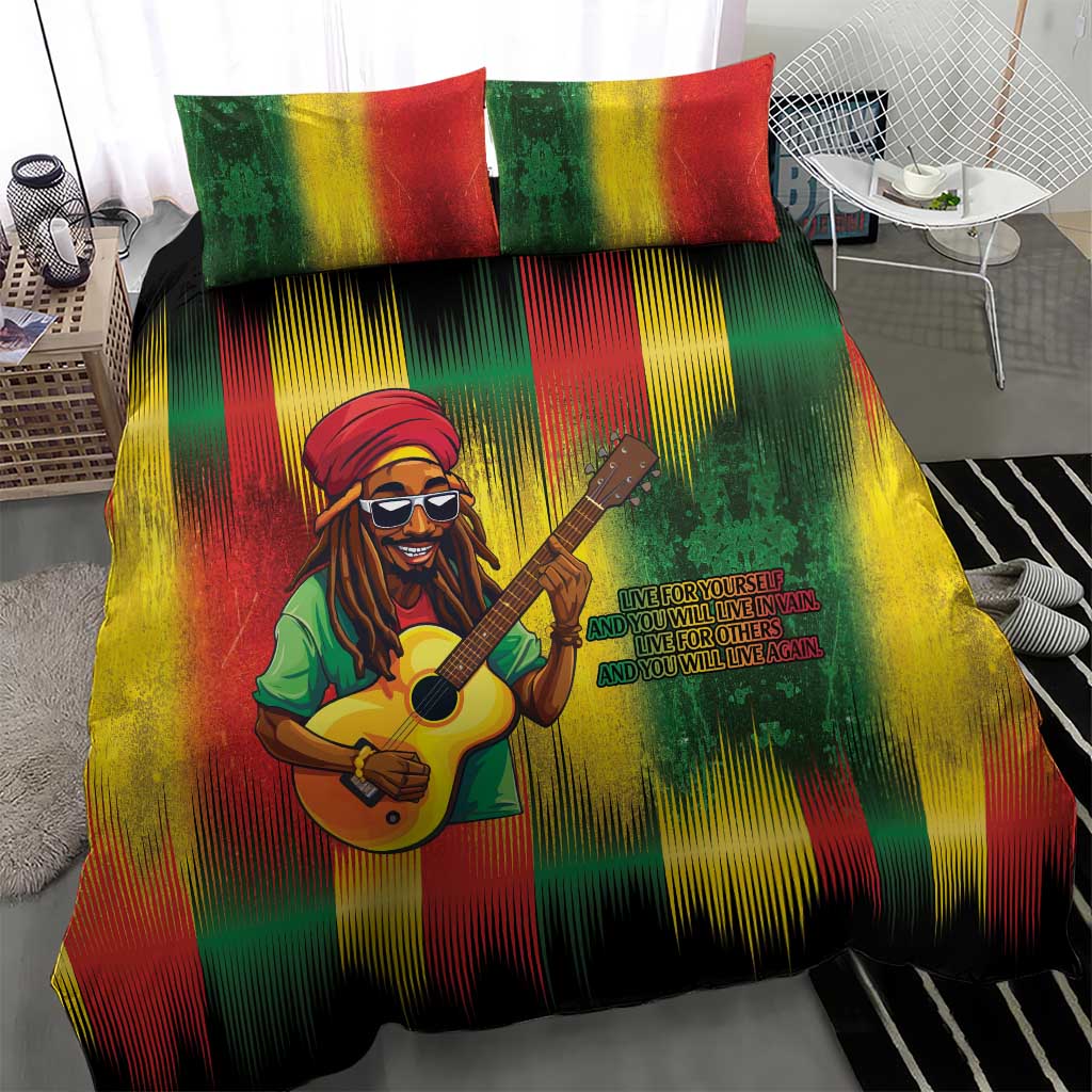 Reggae bedding set with guitarist graphic and red-yellow-green striped duvet, 2 shams