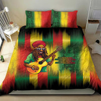 Reggae bedding set with guitarist graphic and patterned red-yellow-green stripes, 2 shams