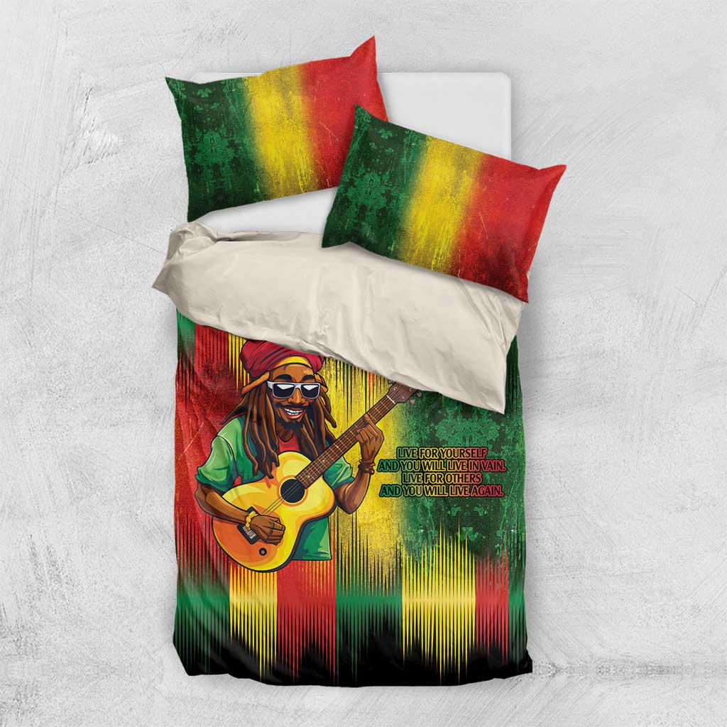 Reggae bedding set with colorful striped duvet, guitarist graphic, and 2 pillows