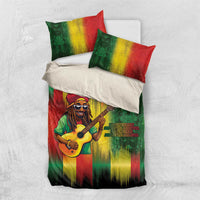 Reggae bedding set with colorful striped duvet, guitarist graphic, and 2 pillows