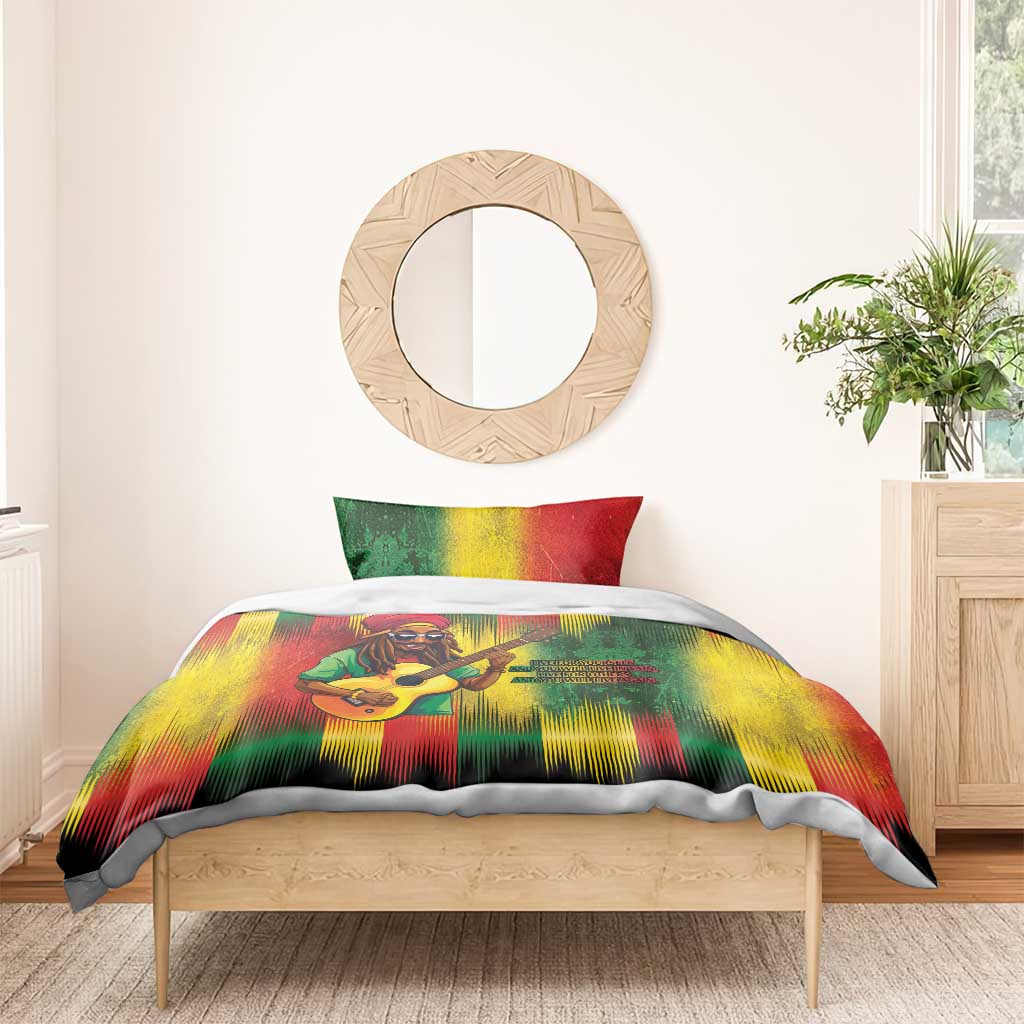 Reggae bedding set with green-yellow-red striped duvet and guitarist graphic, 2 pillows