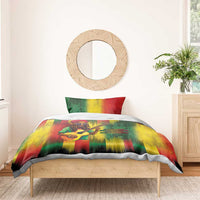 Reggae bedding set with green-yellow-red striped duvet and guitarist graphic, 2 pillows
