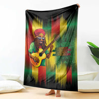 Bob birthday blanket with full guitarist artwork and text, green red yellow streak pattern