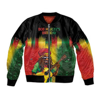 Black bomber jacket with full-zip front, ribbed cuffs, and colorful Bob Marley graphic.