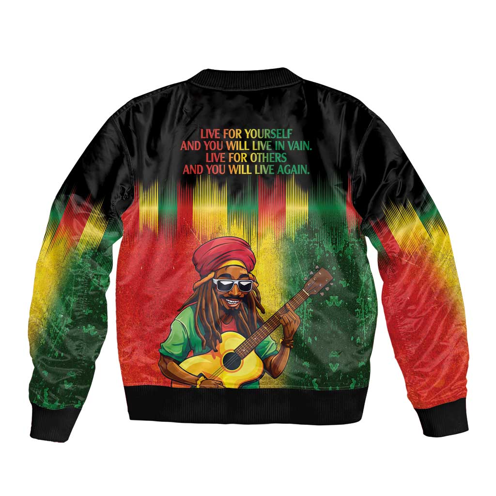 Black bomber jacket with ribbed hem and back graphic of Bob Marley with guitar and text.