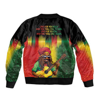Black bomber jacket with ribbed hem and back graphic of Bob Marley with guitar and text.