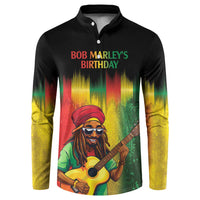 Black long-sleeve button sweatshirt with Bob Marley birthday graphic and rainbow sleeves