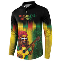 Black long-sleeve button sweatshirt with Bob Marley birthday text and guitarist portrait