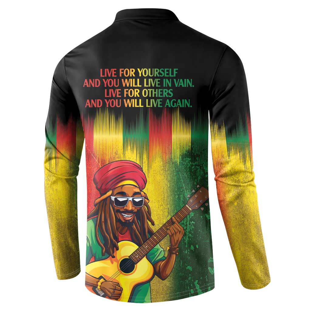 Black long-sleeve button sweatshirt with 'Live for yourself...' quote and guitarist art