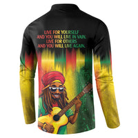 Black long-sleeve button sweatshirt with 'Live for yourself...' quote and guitarist art