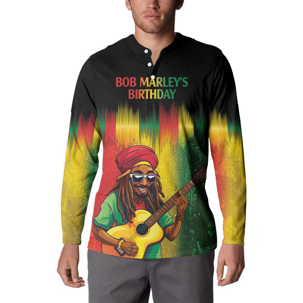 Black long-sleeve button sweatshirt with Bob Marley birthday text and reggae guitarist graphic