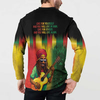 Black long-sleeve button sweatshirt with 'Live for yourself...' quote and back guitarist portrait