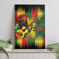 Framed canvas wall art with reggae musician holding a guitar and colorful vertical light lines