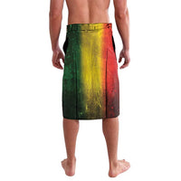 Color gradient lavalava skirt with black waistband, green yellow red abstract print